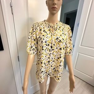 Ann Taylor Blouse Yellow and Black Floral  Tie Neck Size M